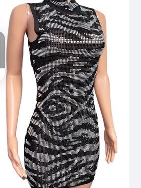 AKIRA Black and White rhinestone  Zebra 
Short but not mini length Dress